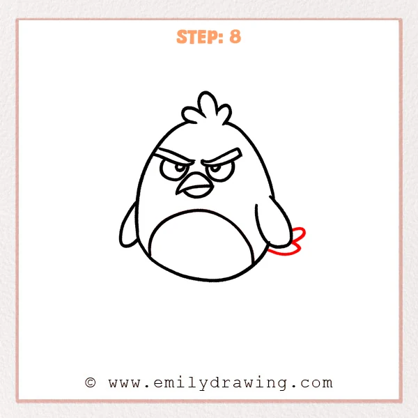 how to draw an angry bird - Step 8: Short rounded tail feathers added to the lower right of the angry bird.